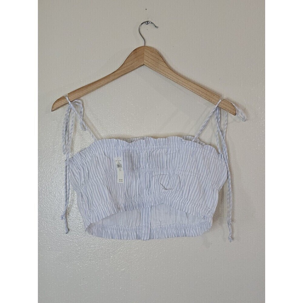 AERIE Button Front Crop Top Size M Striped Smocked Shoulder Tie Prairie Coquette - Picture 6 of 11